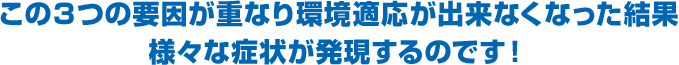 この3つの要因が重なり環境適応が出来なくなった結果 様々な症状が発現するのです!